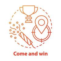 Come and win red gradient concept icon. Victory idea thin line illustration. Game winner award. Success, accomplishment and triumph. Goal, target achieving. Vector isolated outline drawing