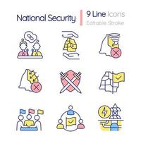 National security RGB color icons set. Freedom and safety defense. Isolated vector illustrations. Simple filled line drawings collection. Editable stroke.