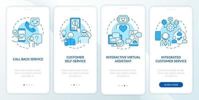 Types of customer service blue onboarding mobile app screen. Walkthrough 4 steps graphic instructions pages with linear concepts. UI, UX, GUI template. vector