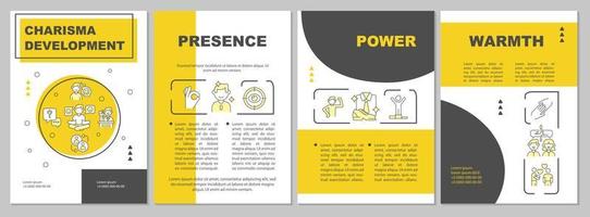 Elements of charisma yellow brochure template. Charisma development. Leaflet design with linear icons. 4 vector layouts for presentation, annual reports.