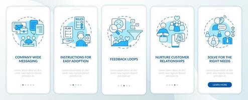 Solving for customer needs blue onboarding mobile app screen. Walkthrough 5 steps graphic instructions pages with linear concepts. UI, UX, GUI template. vector