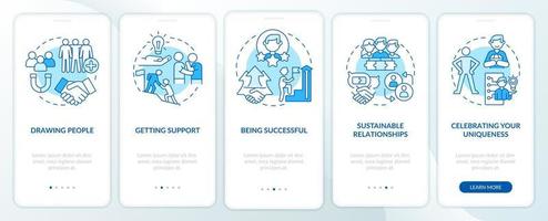 Charisma benefits blue onboarding mobile app screen. Attract people walkthrough 5 steps graphic instructions pages with linear concepts. UI, UX, GUI template. vector