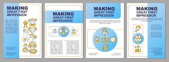 Making great first impression blue brochure template. Leaflet design with linear icons. 4 vector layouts for presentation, annual reports.