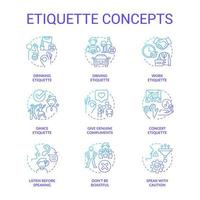 Etiquette blue gradient concept icons set. Set of rules and norms. Ethical behavior idea thin line color illustrations. Isolated symbols. Editable stroke. vector