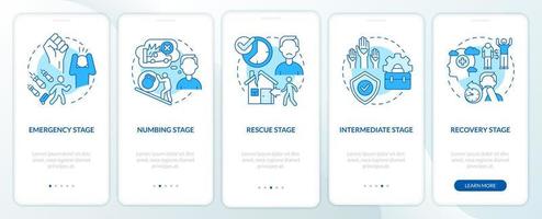 Stages of PTSD blue onboarding mobile app screen. Mental disorder walkthrough 5 steps graphic instructions pages with linear concepts. UI, UX, GUI template. vector