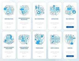 hacer frente al conjunto de pantalla de la aplicación móvil de incorporación azul de ptsd. tutorial de salud mental 5 pasos páginas de instrucciones gráficas con conceptos lineales. interfaz de usuario, ux, plantilla de interfaz gráfica de usuario. vector