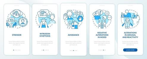 Criteria for PTSD blue onboarding mobile app screen. Problem symptoms walkthrough 5 steps graphic instructions pages with linear concepts. UI, UX, GUI template. vector