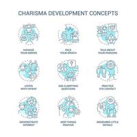 Charisma development turquoise concept icons set. Communication. Self presentation idea thin line color illustrations. Isolated symbols. Editable stroke. vector