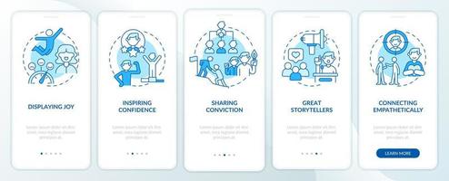 Charismatic people characteristics blue onboarding mobile app screen. Walkthrough 5 steps graphic instructions pages with linear concepts. UI, UX, GUI template. vector