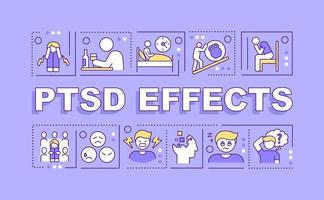 PTSD effects word concepts purple banner. Unhealthy mental condition. Infographics with icons on color background. Isolated typography. Vector illustration with text.