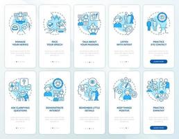 desarrollando el conjunto de pantalla de la aplicación móvil de incorporación de carisma azul. tutorial 5 pasos páginas de instrucciones gráficas con conceptos lineales. interfaz de usuario, ux, plantilla de interfaz gráfica de usuario. vector