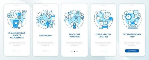 Self-help with PTSD blue onboarding mobile app screen. Ways to healing walkthrough 5 steps graphic instructions pages with linear concepts. UI, UX, GUI template. vector