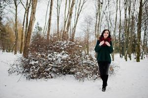 Brunette girl in green sweater and red scarf outdoor on evening winter day. photo