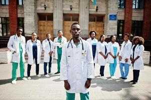 Group of african doctors students near medical university outdoor. photo