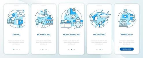Types of foreign aid blue onboarding mobile app screen. Project aid walkthrough 5 steps graphic instructions pages with linear concepts. UI, UX, GUI template. vector