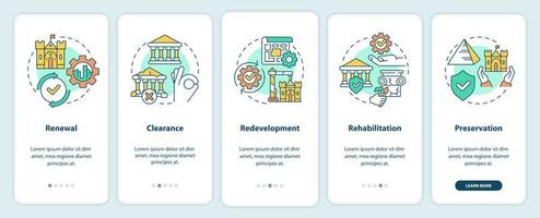 Heritage preservation types onboarding mobile app screen. Saving walkthrough 5 steps graphic instructions pages with linear concepts. UI, UX, GUI template. vector
