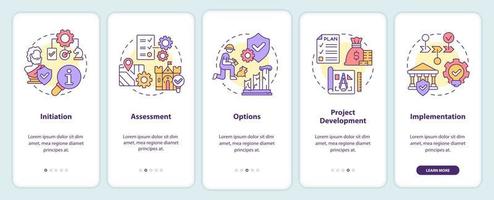 proceso de conservación del patrimonio que incorpora la pantalla de la aplicación móvil. tutorial de protección 5 pasos páginas de instrucciones gráficas con conceptos lineales. interfaz de usuario, ux, plantilla de interfaz gráfica de usuario. vector