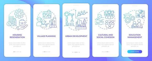 Social planning instances blue gradient onboarding mobile app screen. Walkthrough 5 steps graphic instructions pages with linear concepts. UI, UX, GUI template. vector