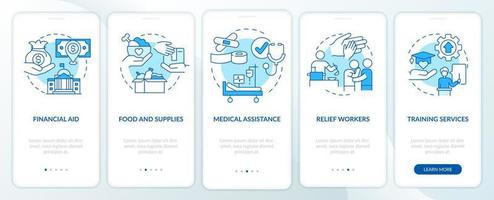 Countries providing different aid blue onboarding mobile app screen. Walkthrough 5 steps graphic instructions pages with linear concepts. UI, UX, GUI template. vector