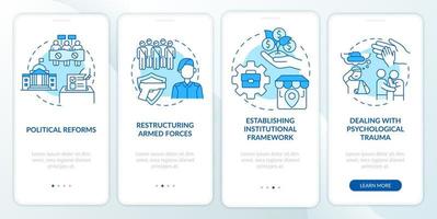 Rebuilding nation from war blue onboarding mobile app screen. Walkthrough 4 steps graphic instructions pages with linear concepts. UI, UX, GUI template. vector