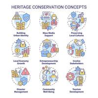 conjunto de iconos de concepto de conservación del patrimonio. ahorro de artefactos culturales idea del programa ilustraciones en color de línea delgada. símbolos aislados. trazo editable. vector