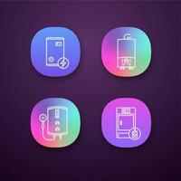 Heating app icons set. UI UX user interface. Electric boiler, gas and electric tankless water heater, solid fuel boiler. Web or mobile applications. Vector isolated illustrations