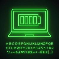 Fully charged laptop battery neon light icon. Computer charge completed. Notebook battery level indicator. Glowing sign with alphabet, numbers and symbols. Vector isolated illustration