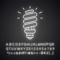 Energy saving light bulb neon light icon. Compact fluorescent lamp. Energy efficiency light. Glowing sign with alphabet, numbers and symbols. Vector isolated illustration