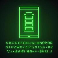 Fully charged smartphone battery neon light icon. Mobile phone charge completed. Battery level indicator. Glowing sign with alphabet, numbers and symbols. Vector isolated illustration