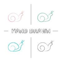 Snail hand drawn icons set. Slow motion. Slug. Color brush stroke. Isolated vector sketchy illustrations