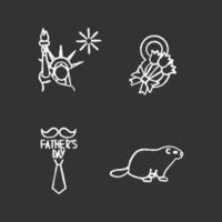 Holidays chalk icons set. July 4th, Father's and Groundhog Days, March 8th. Isolated vector chalkboard illustrations