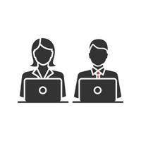 Coworking glyph icon. Office work. Freelancing. Colleagues working with laptops. Silhouette symbol. Negative space. Vector isolated illustration