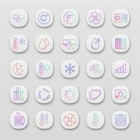 Air conditioning app icons set. UI UX user interface. Air heating, humidification, ionization, ventilation. Climate control. Web or mobile applications. Vector isolated illustrations