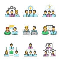 Teamwork color icons set. Partnership. Staff management. Personnel interaction. Collective problem solving. Isolated vector illustrations