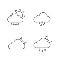 Weather forecast linear icons set. Rain with sun, rainy weather, cloudy night, drizzle and scattered shower. Thin line contour symbols. Isolated vector outline illustrations. Editable stroke