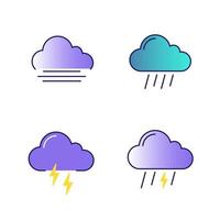 Weather forecast color icons set. Autumn. Fog, rainy weather, thunder, thunderstorm. Isolated vector illustrations