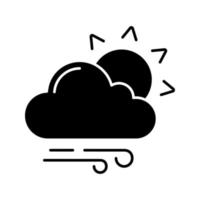 Partly cloudy and windy glyph icon. Sun with clouds and rain. Mostly cloudy. Weather forecast. Silhouette symbol. Negative space. Vector isolated illustration