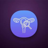 Gynecological exam app icon. UI UX interface. Female reproductive system examination. Gynecology. Uterus, fallopian tubes, vagina with magnifying glass. Women's health. Vector isolated illustration