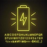 Battery charging neon light icon. Glowing sign with alphabet, numbers and symbols. Vector isolated illustration