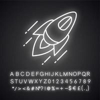 Rocket neon light icon. Startup launch. Flying spaceship. Glowing sign with alphabet, numbers and symbols. Vector isolated illustration