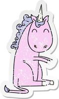 distressed sticker of a quirky hand drawn cartoon unicorn vector