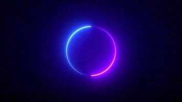 glowing loop neon animation. spin geometric rotation abstract element. light beam dynamic movement laser ring, round eclipse motion power balance space graphic blue and purple shape particle effect video