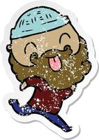 distressed sticker of a running man with beard sticking out tongue vector