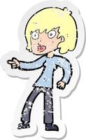 retro distressed sticker of a cartoon woman pointing vector