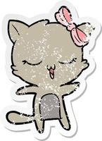 distressed sticker of a cartoon cat with bow on head vector