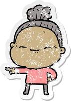 distressed sticker of a cartoon peaceful old woman vector