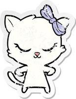 distressed sticker of a cute cartoon cat with bow vector