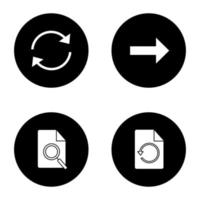 UI UX glyph icons set. Refresh arrow, next button, find in file, restore page. Vector white silhouettes illustrations in black circles