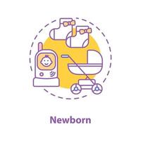 Childcare concept icon. Newborn baby equipment idea. Thin line illustration. Carriage, radio nanny, baby girl socks. Vector isolated outline drawing