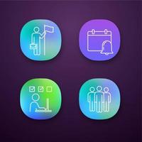 Business management app icons set. UI UX user interface. Achievement, reminder, online test, team. Web or mobile applications. Vector isolated illustrations